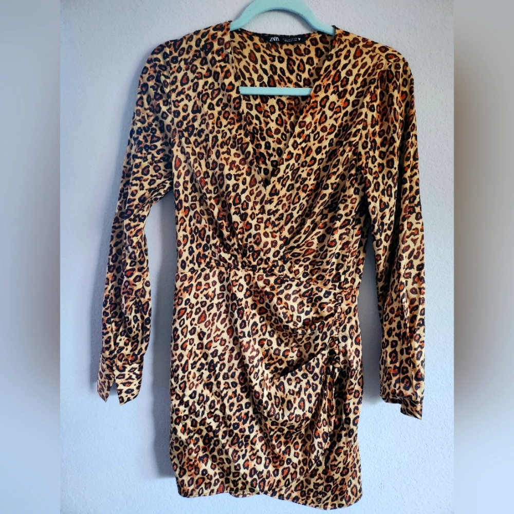 Zara Brown Ruched Wrap Dress V-Neck Long Sleeve